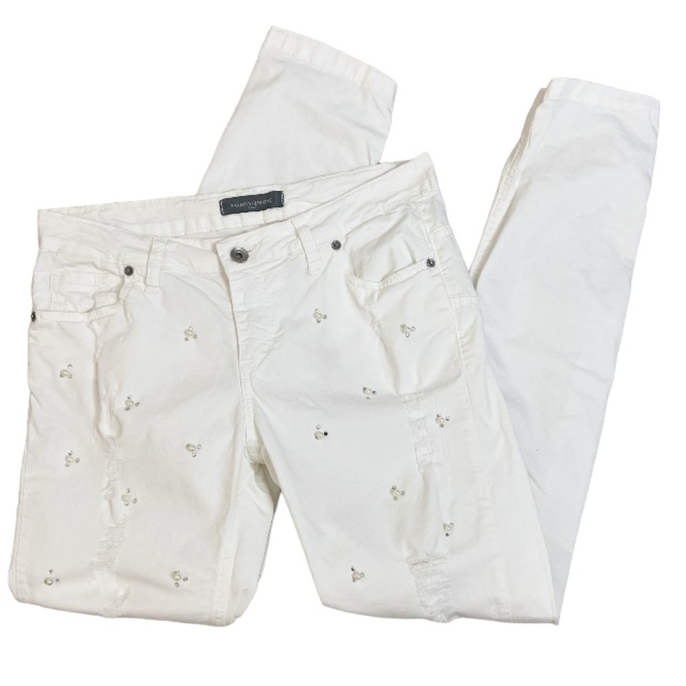 Sandro Ferrone Roma White Pants Skinny Pearl Rhinestone Appliqués Distressed 8